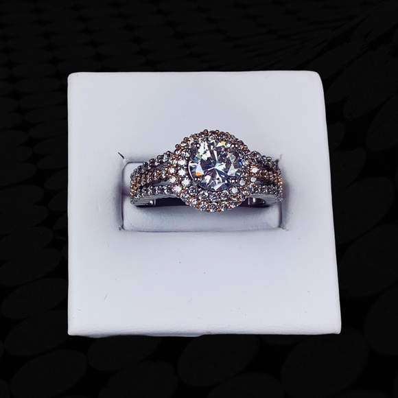 Two Tone Rose Gold Silver Double Halo Round Split Shank Pavé Engagement Ring 7 - Picture 5 of 17